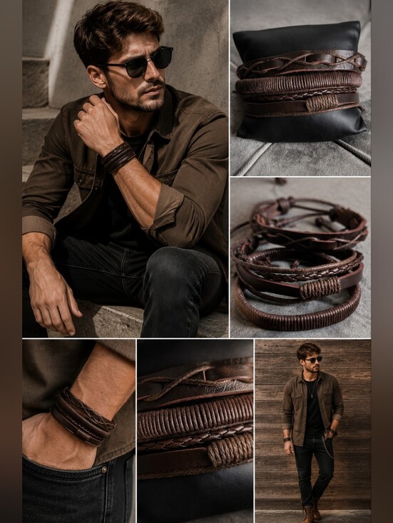 Other - Chocolate Brown Faux Leather Men’s Bracelet Set | 3-Piece Braided & Woven Stack